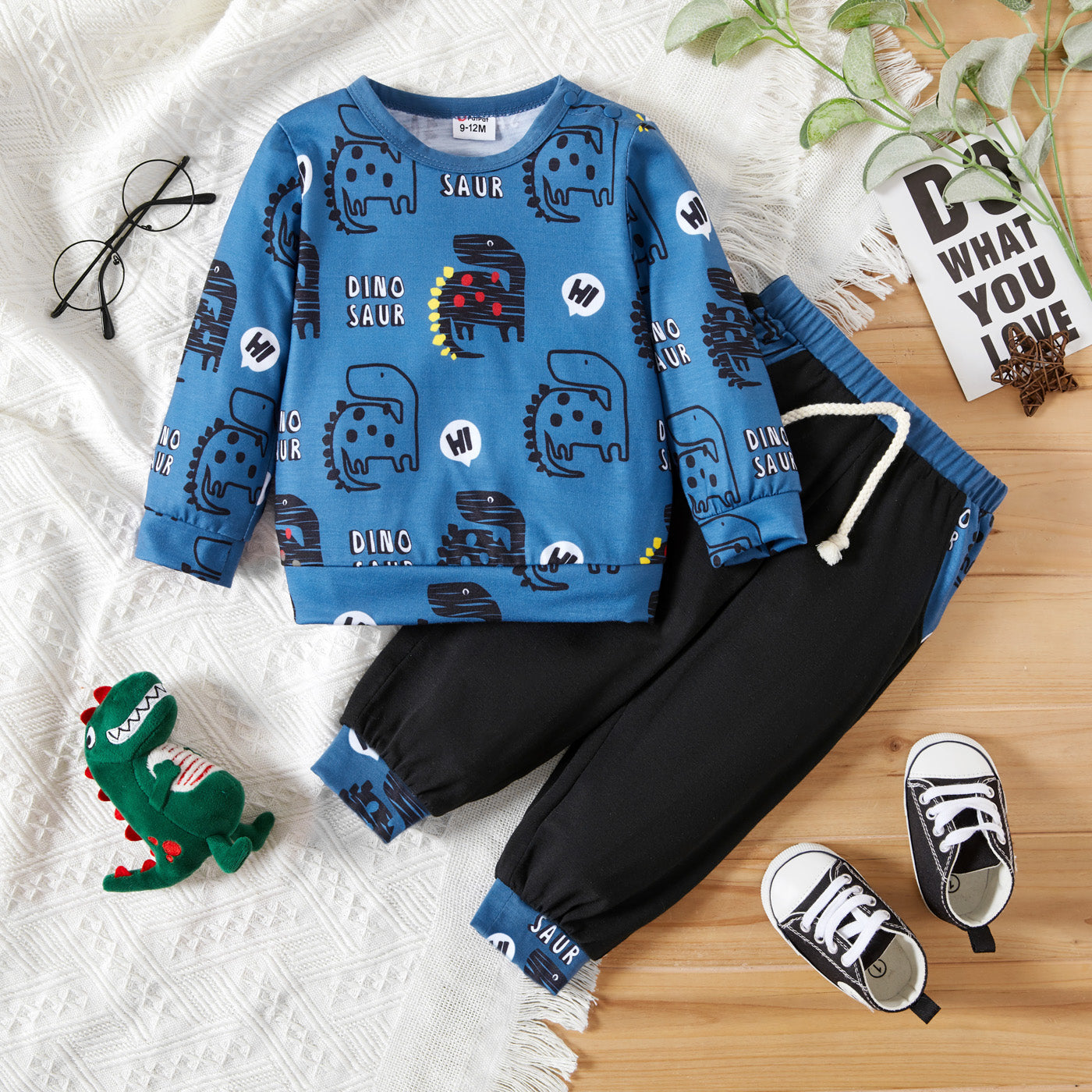 2-piece Baby Boy Animal Dinosaur Letter Print Long-sleeve Top and Colorblock Pan