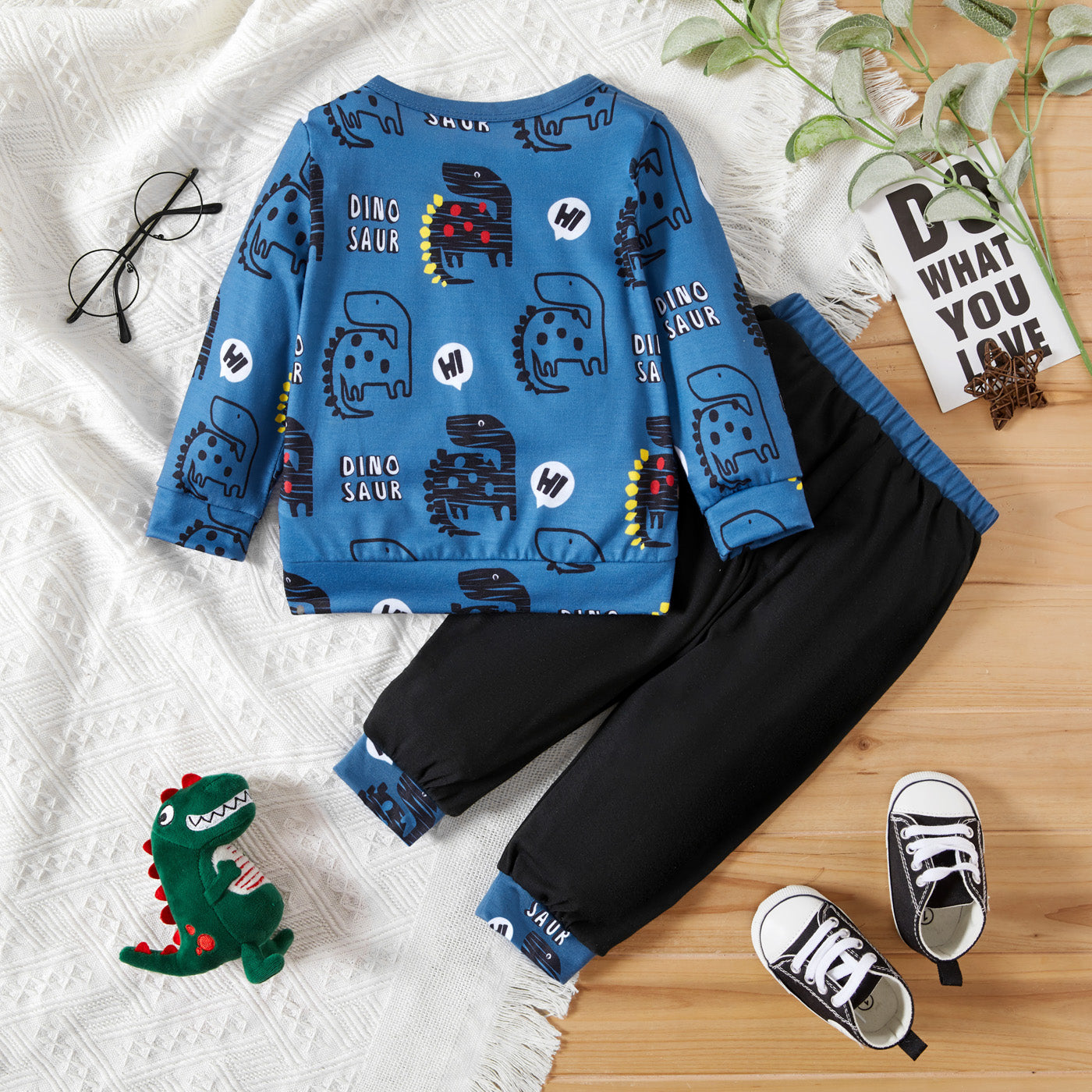 2-piece Baby Boy Animal Dinosaur Letter Print Long-sleeve Top and Colorblock Pan