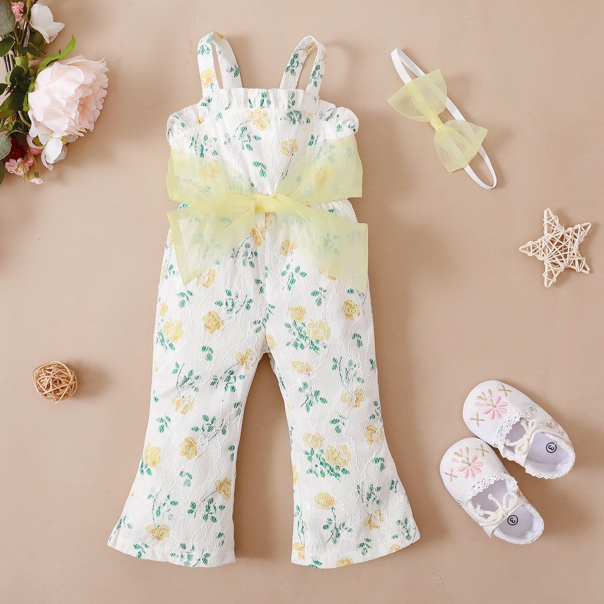 2pcs Floral Print Mesh Bowknot White Sleeveless Baby Jumpsuit Set