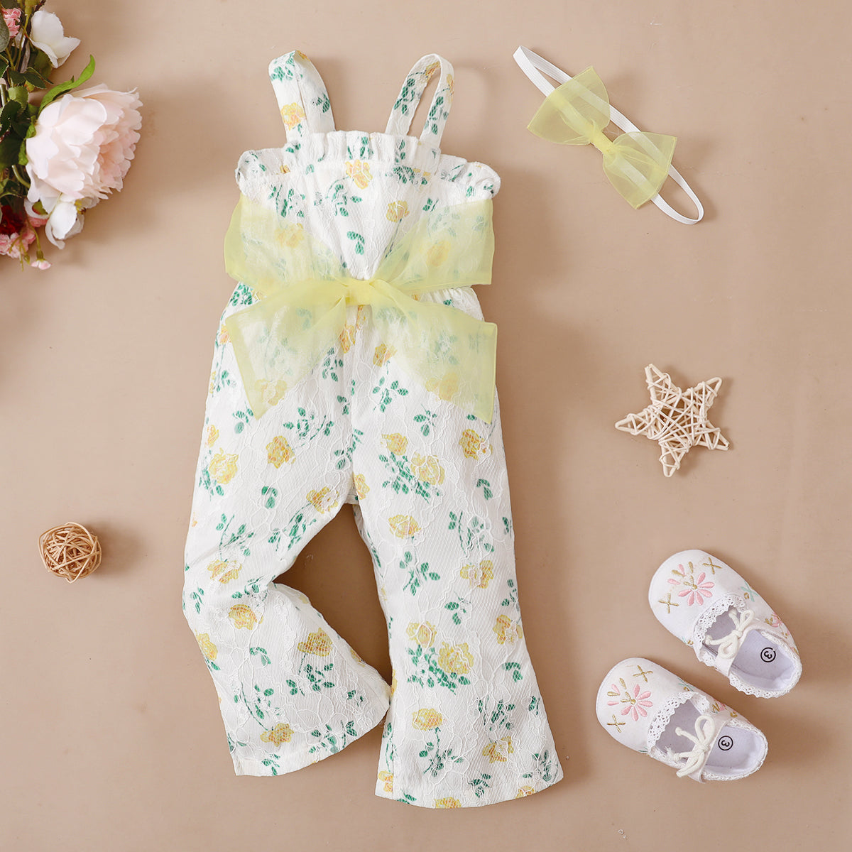 2pcs Floral Print Mesh Bowknot White Sleeveless Baby Jumpsuit Set