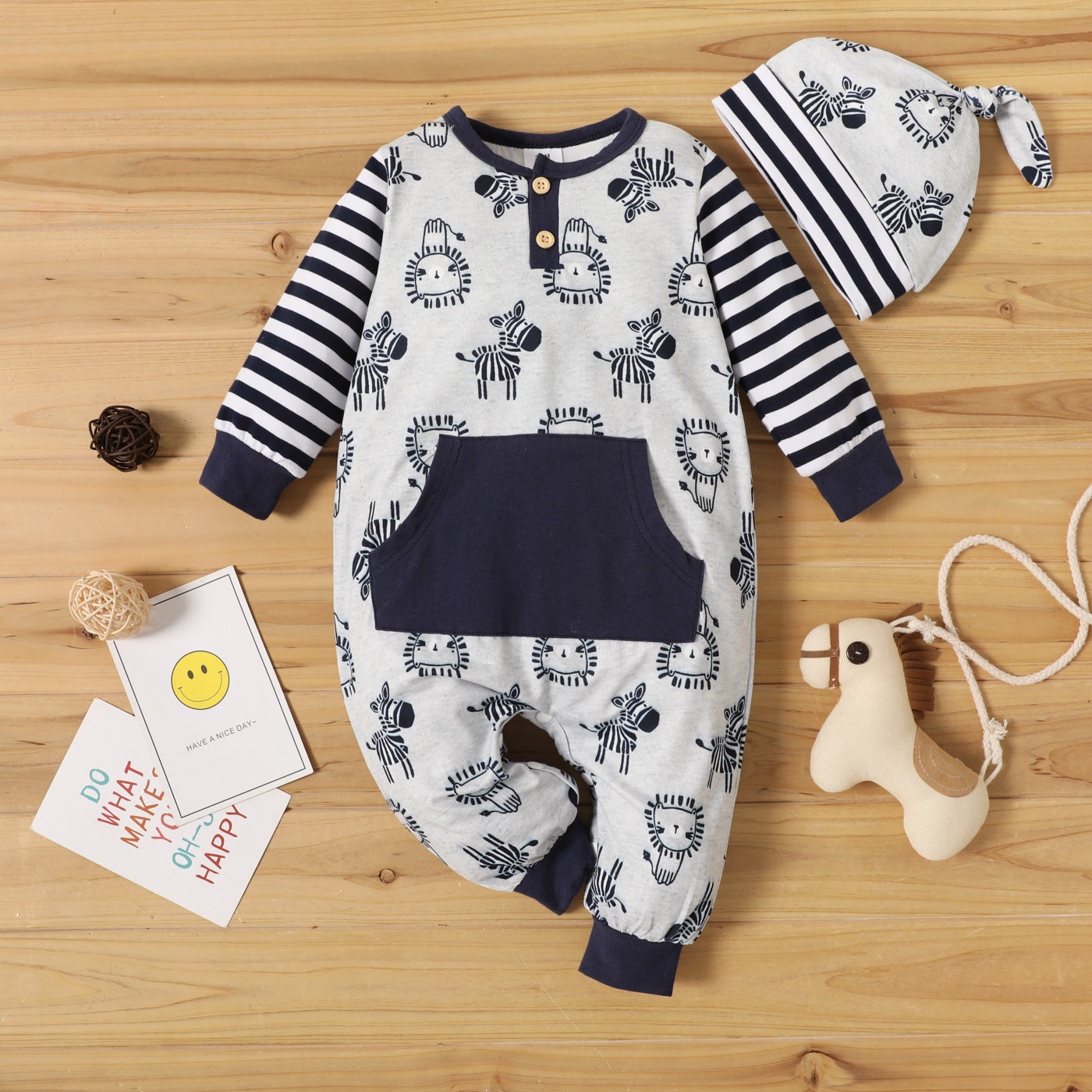 2pcs Cartoon Lion and Zebra Print Grey Baby Striped Long-sleeve Jumpsuit Set