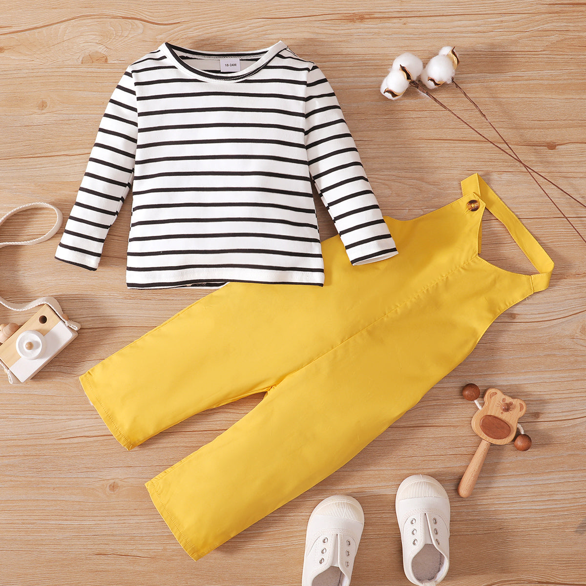 2-piece Toddler Girl Stripe Long-sleeve Top and 100% Cotton Halter Overalls Set