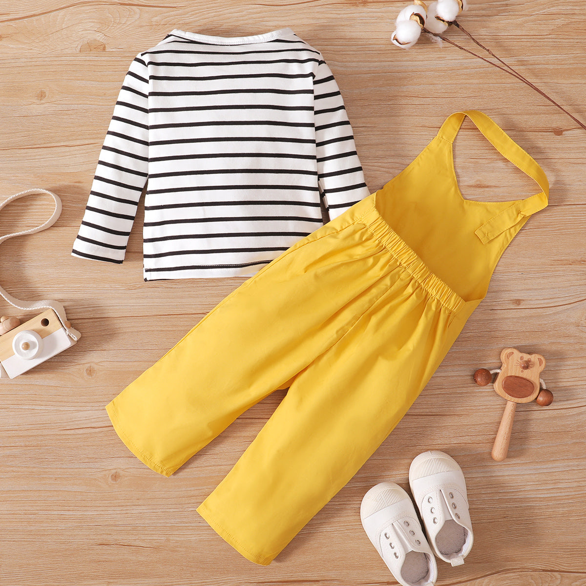 2-piece Toddler Girl Stripe Long-sleeve Top and 100% Cotton Halter Overalls Set