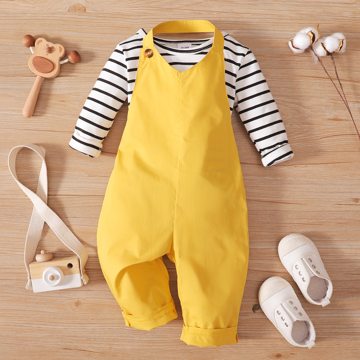2-piece Toddler Girl Stripe Long-sleeve Top and 100% Cotton Halter Overalls Set