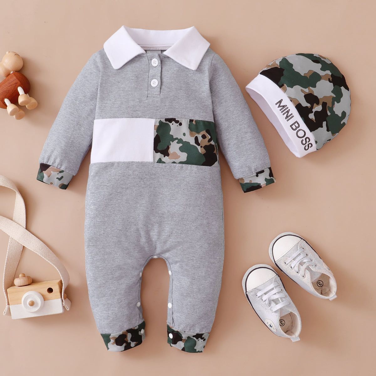 2pcs Baby Camouflage Color Block Splicing Grey Cotton Lapel Long-sleeve Jumpsuit