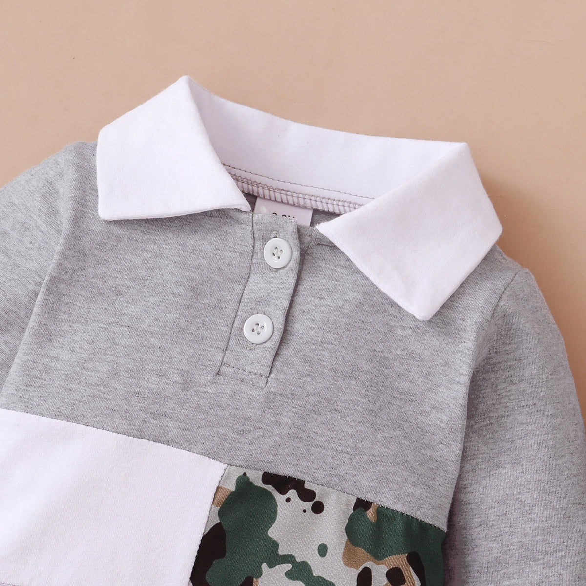 2pcs Baby Camouflage Color Block Splicing Grey Cotton Lapel Long-sleeve Jumpsuit