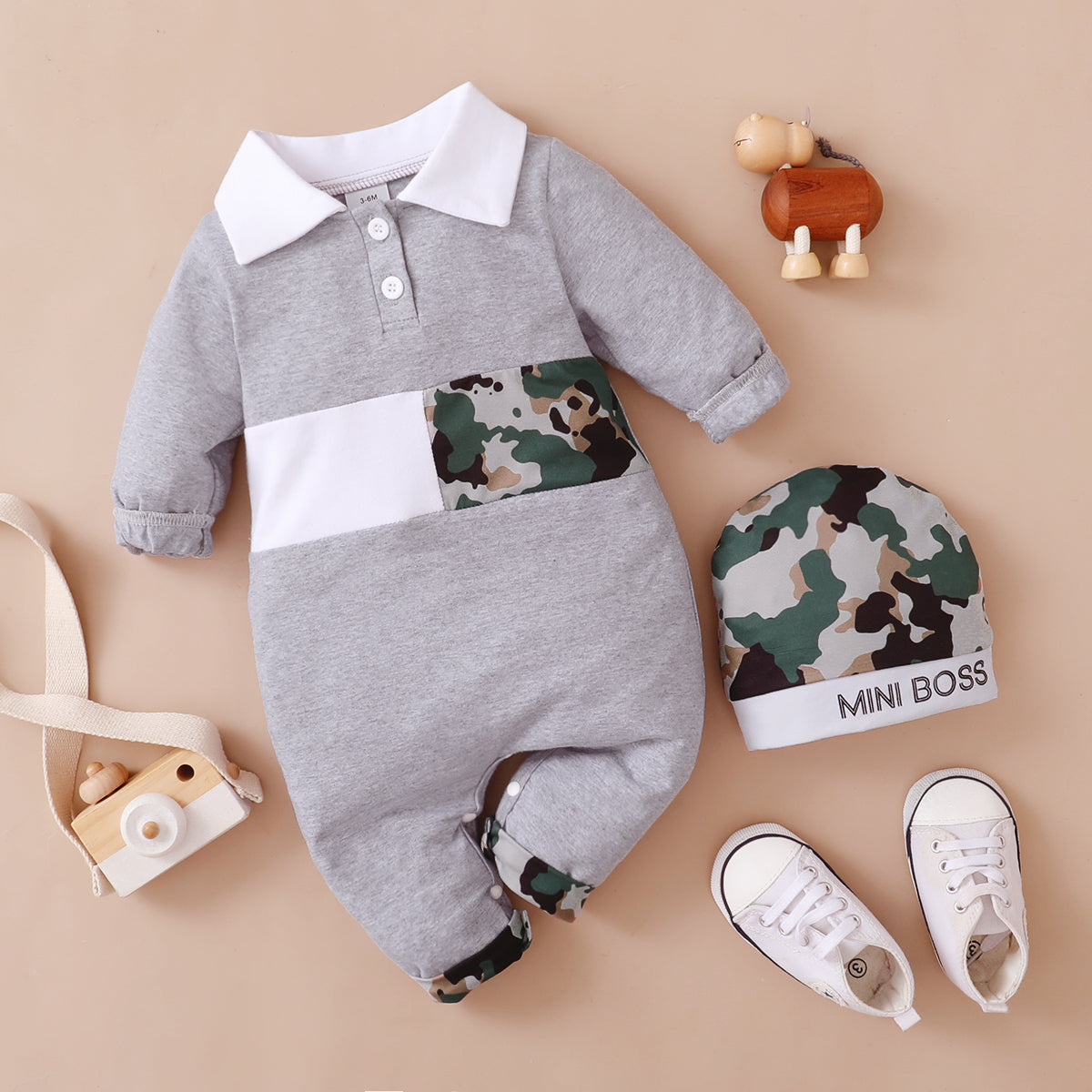 2pcs Baby Camouflage Color Block Splicing Grey Cotton Lapel Long-sleeve Jumpsuit
