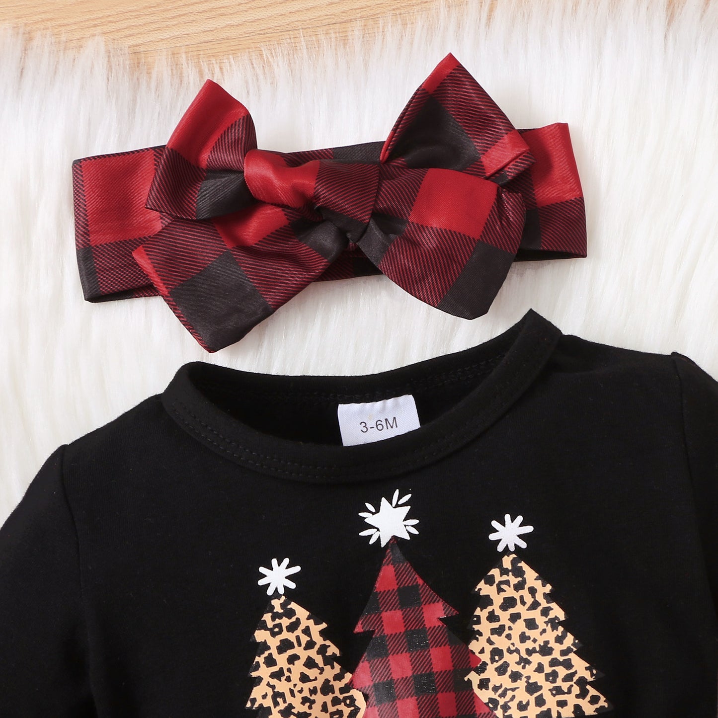 Christmas 3pcs Baby Tree and Letter Cotton Long-sleeve Red Plaid Mesh Dress and