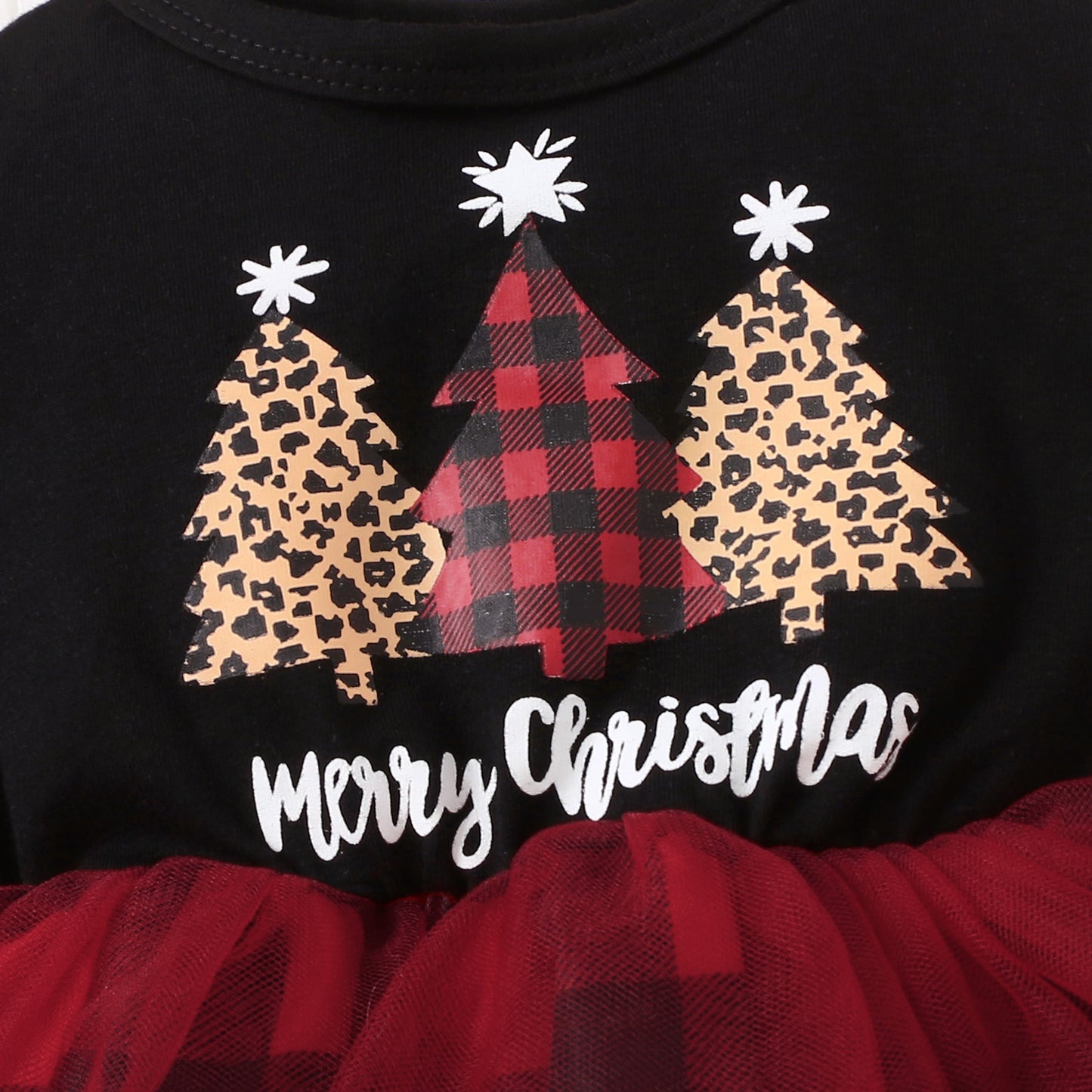 Christmas 3pcs Baby Tree and Letter Cotton Long-sleeve Red Plaid Mesh Dress and
