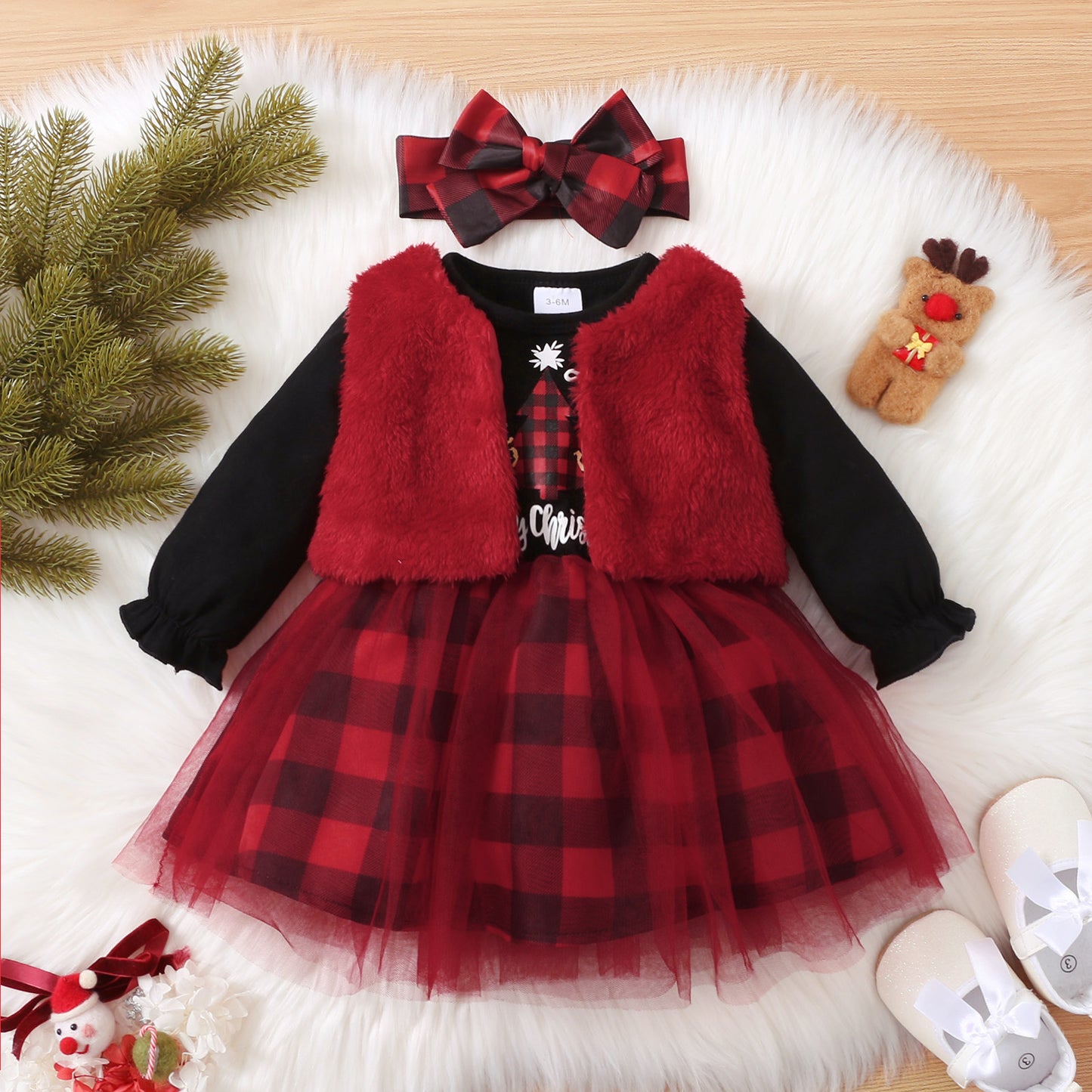 Christmas 3pcs Baby Tree and Letter Cotton Long-sleeve Red Plaid Mesh Dress and