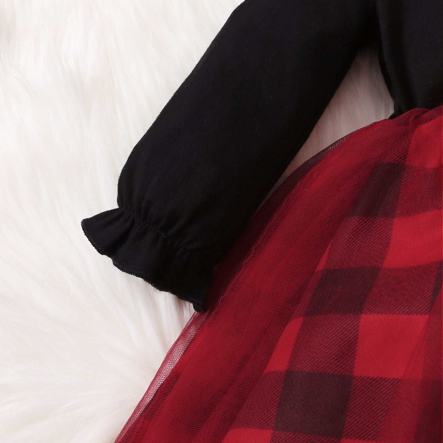 Christmas 3pcs Baby Tree and Letter Cotton Long-sleeve Red Plaid Mesh Dress and
