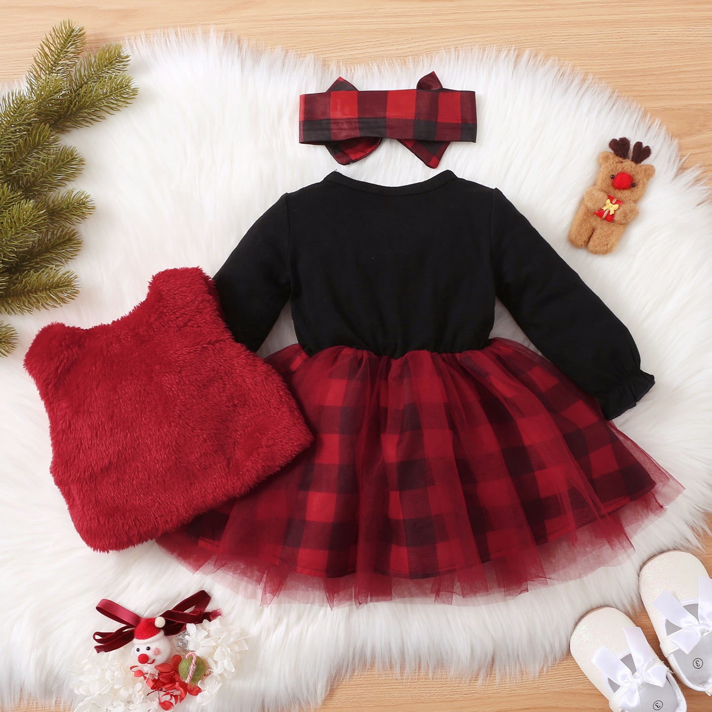 Christmas 3pcs Baby Tree and Letter Cotton Long-sleeve Red Plaid Mesh Dress and