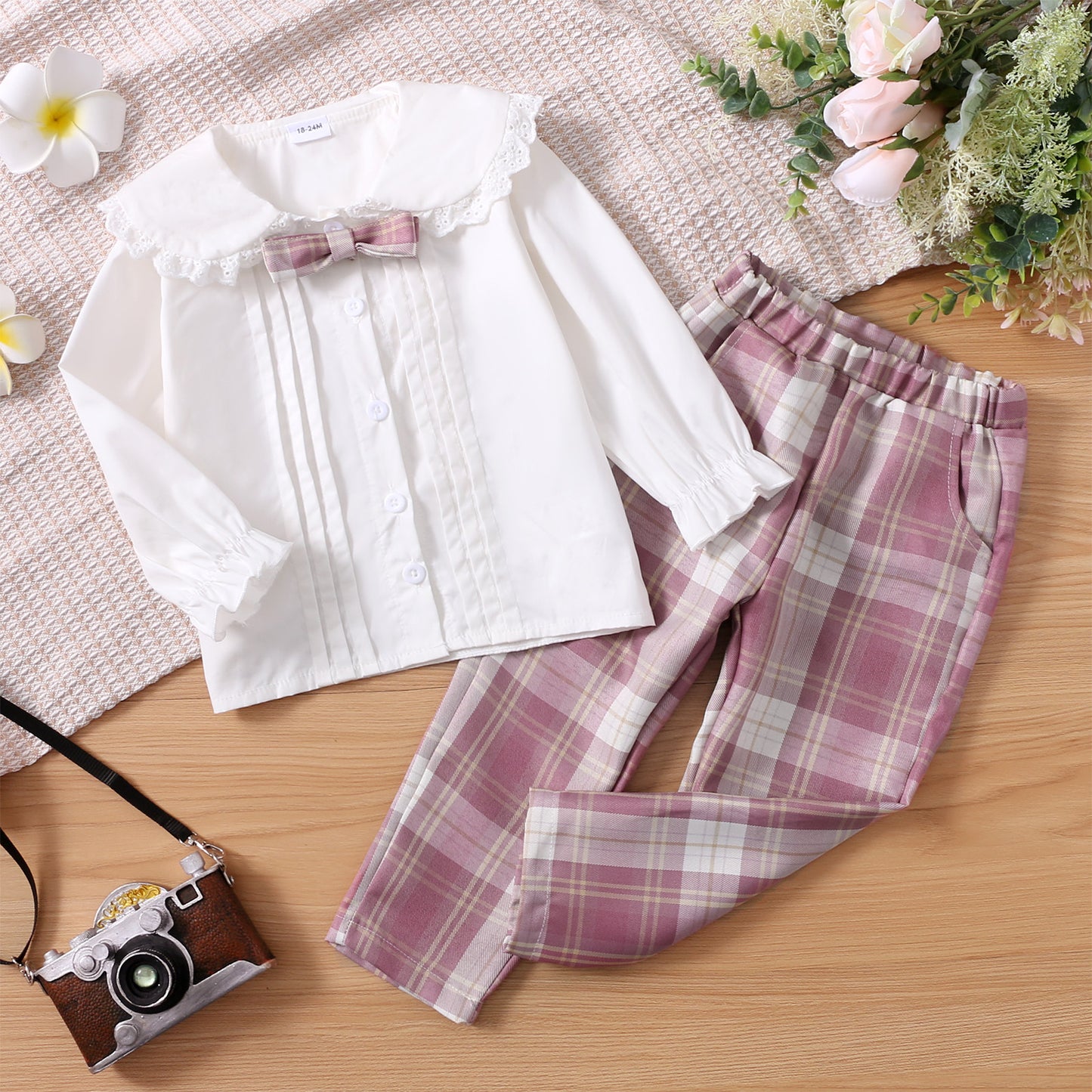 2-piece Toddler Girl Doll Collar Bow tie Schiffy Button Design Long-sleeve White