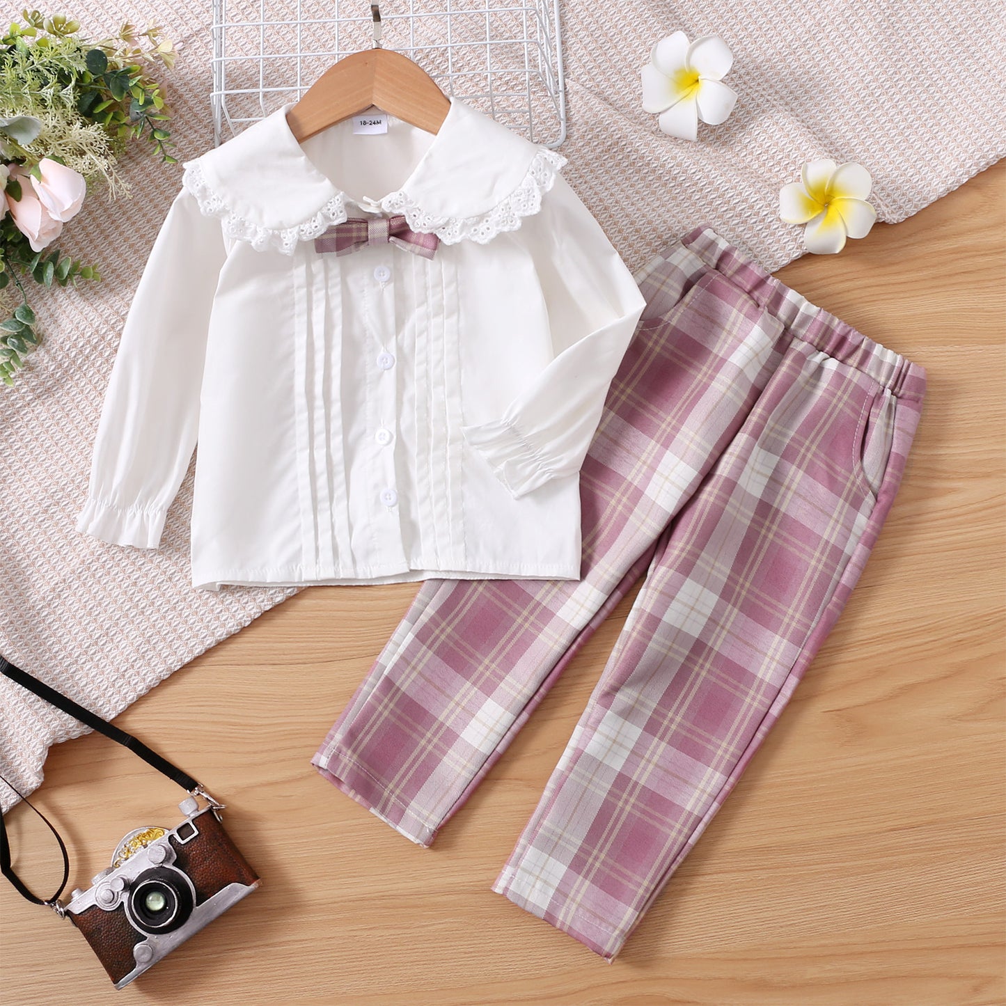 2-piece Toddler Girl Doll Collar Bow tie Schiffy Button Design Long-sleeve White