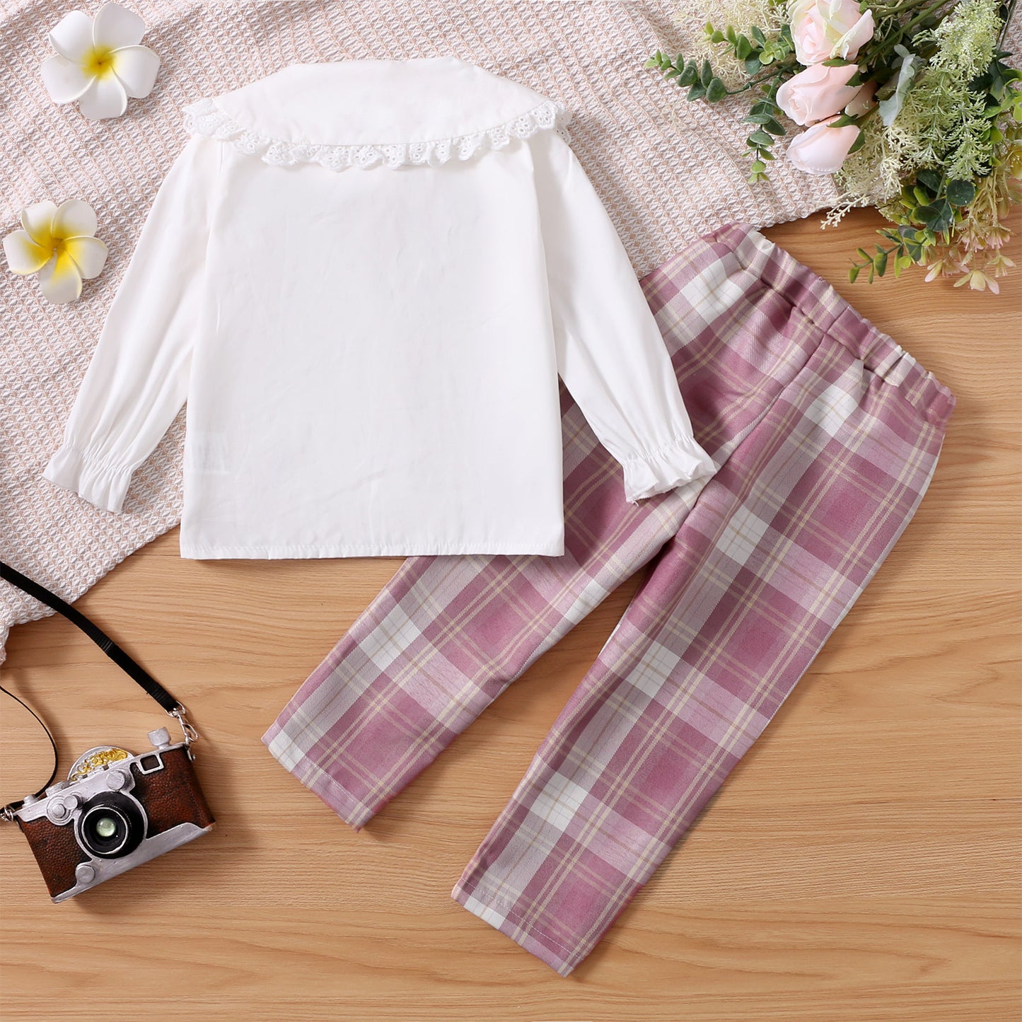 2-piece Toddler Girl Doll Collar Bow tie Schiffy Button Design Long-sleeve White