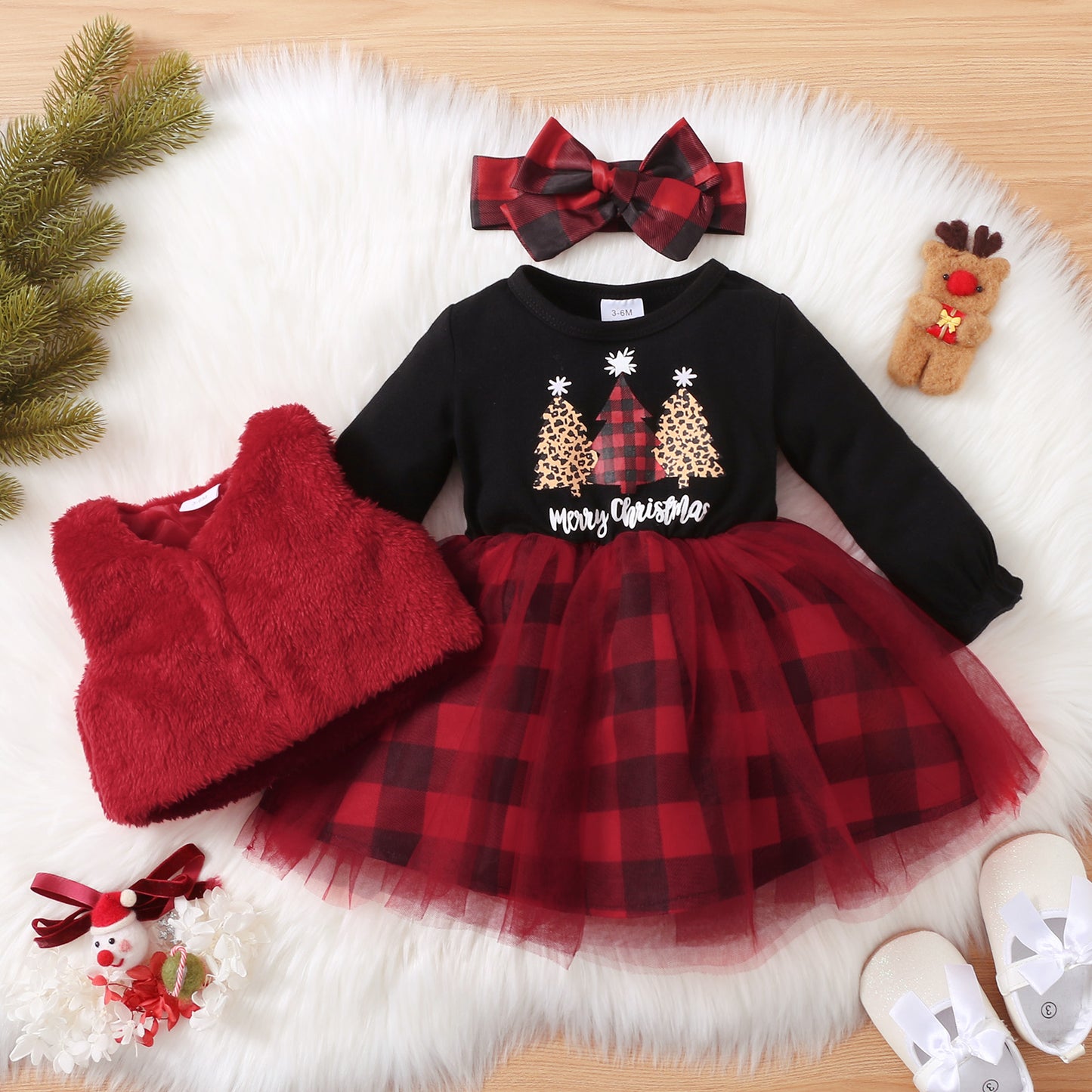 Christmas 3pcs Baby Tree and Letter Cotton Long-sleeve Red Plaid Mesh Dress and