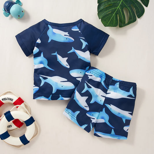 2pcs Baby Girl Long-sleeve Shark Print Swimwear