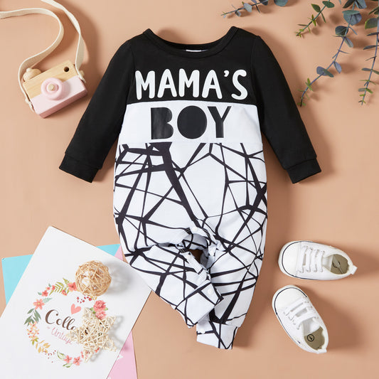 Baby Boy Letters and Irregular Abstract Lines Print Long-sleeve Jumpsuit