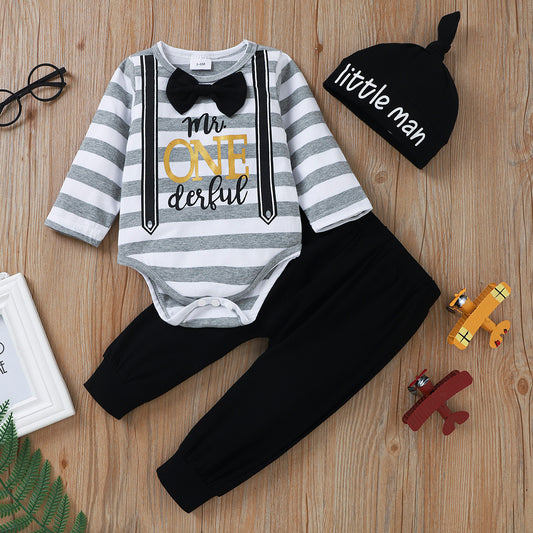 3pcs Baby Letter Print Striped Long-sleeve Bow Tie Romper and Trousers Set