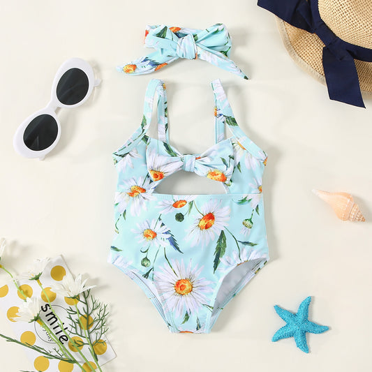 2pcs Baby Girl Daisy Floral Print Hollow-out Bowknot One-piece Swimsuit with Hea