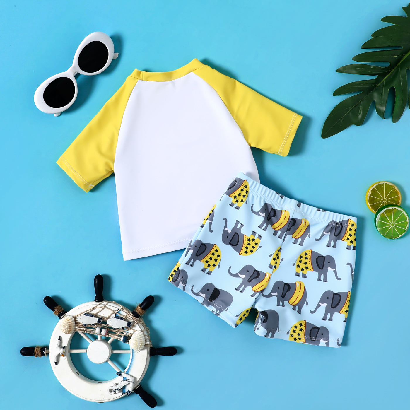 2pcs Baby Boy Cartoon Elephant Print Short-sleeve Swim Trunks Shorts Two Piece S