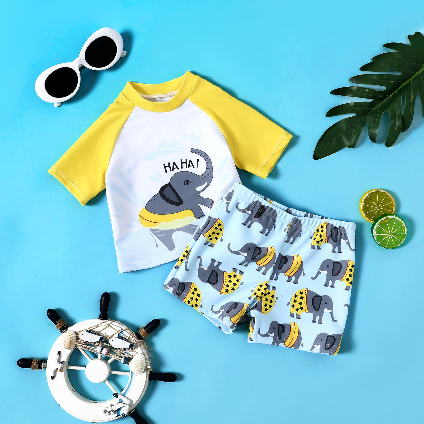 2pcs Baby Boy Cartoon Elephant Print Short-sleeve Swim Trunks Shorts Two Piece S